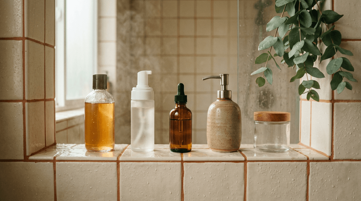 A row of skincare and body care bottles lined up on a shower tile ledge with water droplets and eucalyptus